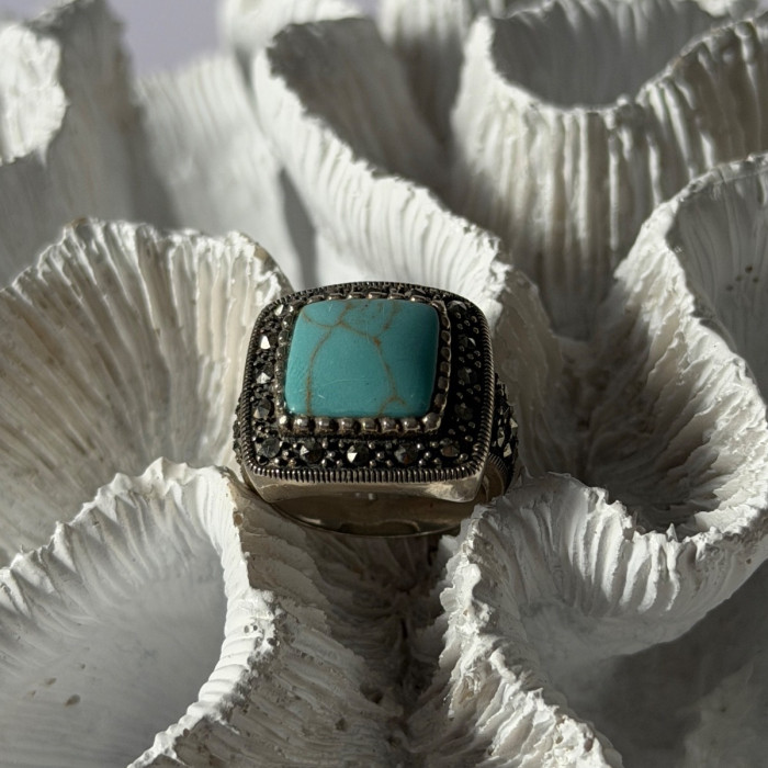 Vintage 925 Sterling Silver Turquoise & Marcasite Ring Size 6