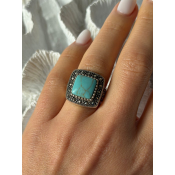 Vintage 925 Sterling Silver Turquoise & Marcasite Ring Size 6