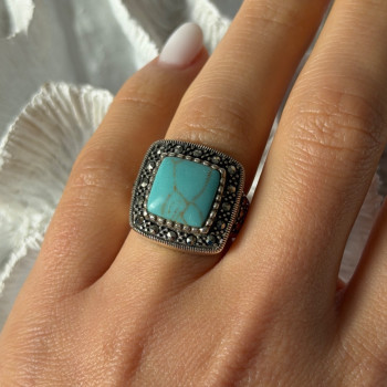 Vintage 925 Sterling Silver Turquoise & Marcasite Ring Size 6