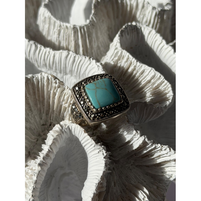 Vintage 925 Sterling Silver Turquoise & Marcasite Ring Size 6
