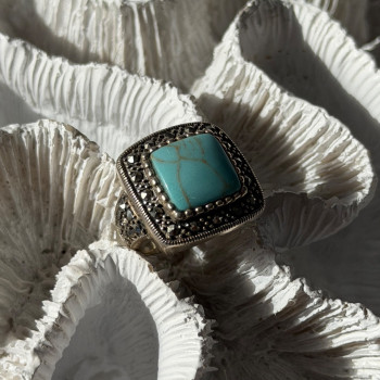 Vintage 925 Sterling Silver Turquoise & Marcasite Ring Size 6