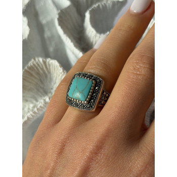 Vintage 925 Sterling Silver Turquoise & Marcasite Ring Size 6