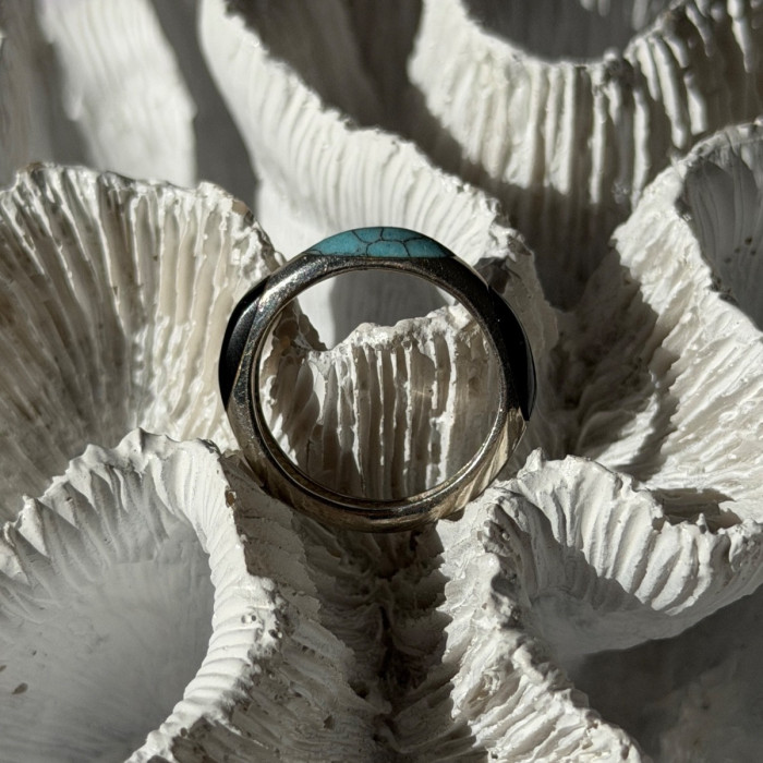 925 Sterling Silver Turquoise & Onyx Ring Size 7