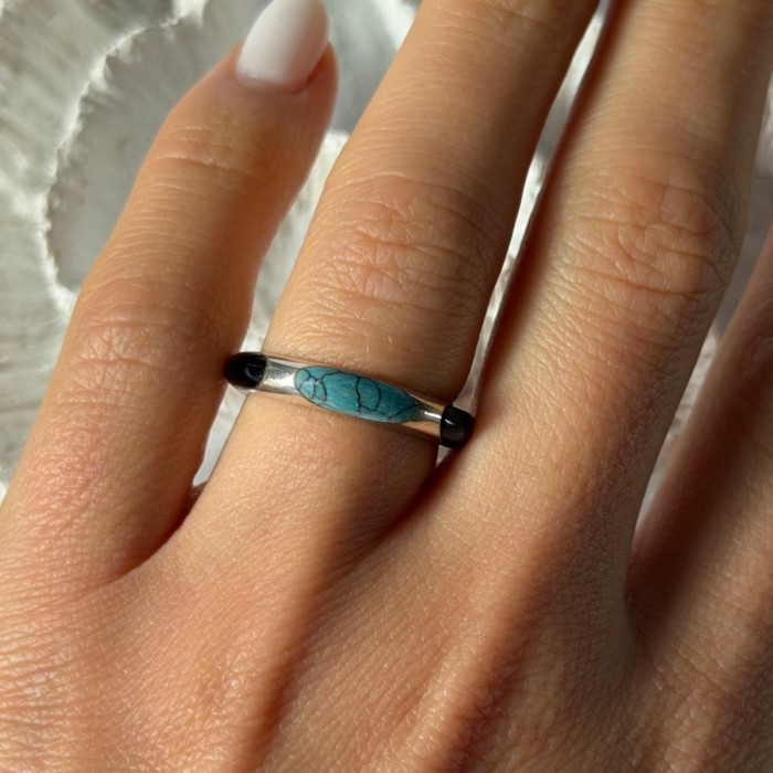 925 Sterling Silver Turquoise & Onyx Ring Size 7