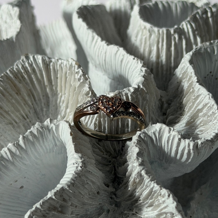 925 Sterling Silver & 10K Rose Gold Colorless Sapphire Ring Size 6