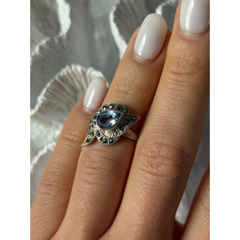 925 Sterling Silver Blue Topaz & Marcasite Ring Size 4