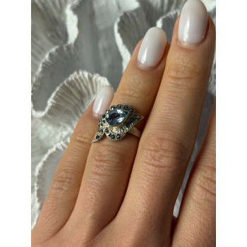 925 Sterling Silver Blue Topaz & Marcasite Ring Size 4