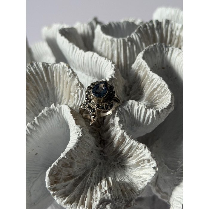 925 Sterling Silver Blue Topaz & Marcasite Ring Size 4