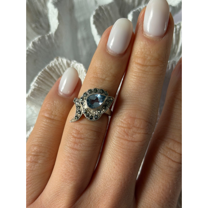 925 Sterling Silver Blue Topaz & Marcasite Ring Size 4