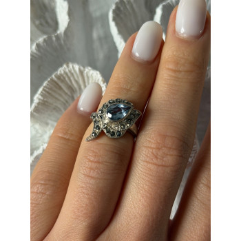 925 Sterling Silver Blue Topaz & Marcasite Ring Size 4