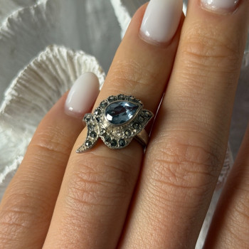 925 Sterling Silver Blue Topaz & Marcasite Ring Size 4