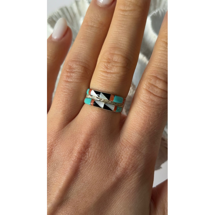 Zuni 925 Sterling Silver Multi-Stone Ring Size 8