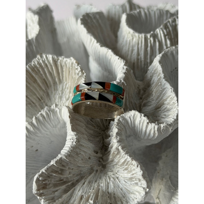 Zuni 925 Sterling Silver Multi-Stone Ring Size 8