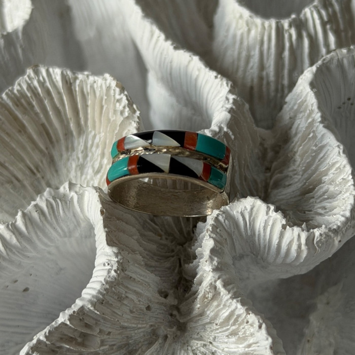 Zuni 925 Sterling Silver Multi-Stone Ring Size 8