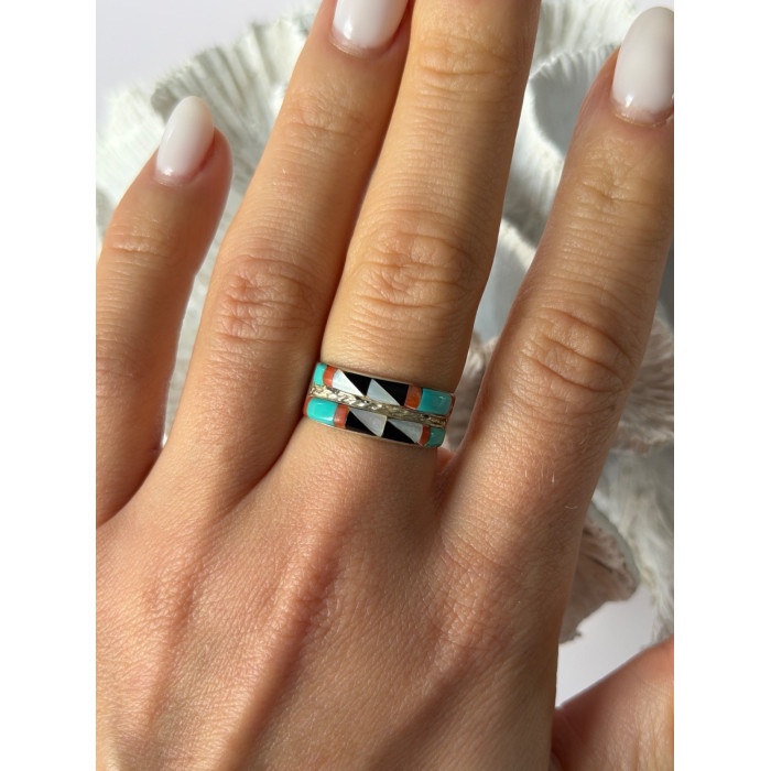Zuni 925 Sterling Silver Multi-Stone Ring Size 8