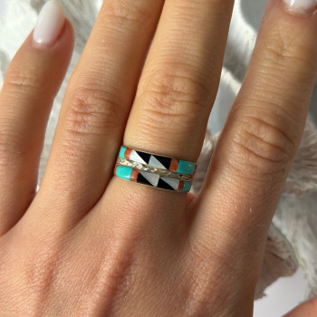 Zuni 925 Sterling Silver Multi-Stone Ring Size 8