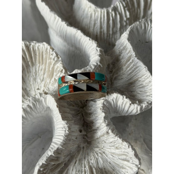 Zuni 925 Sterling Silver Multi-Stone Ring Size 8