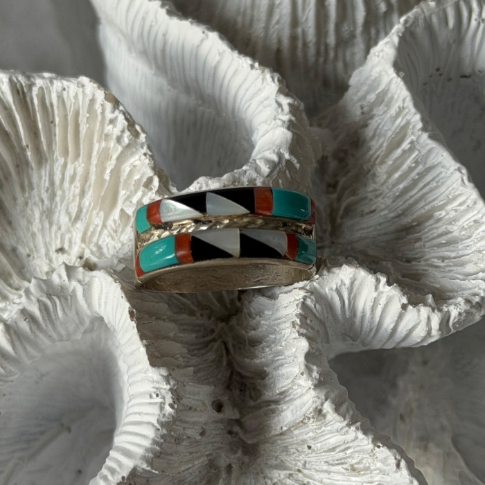 Zuni 925 Sterling Silver Multi-Stone Ring Size 8