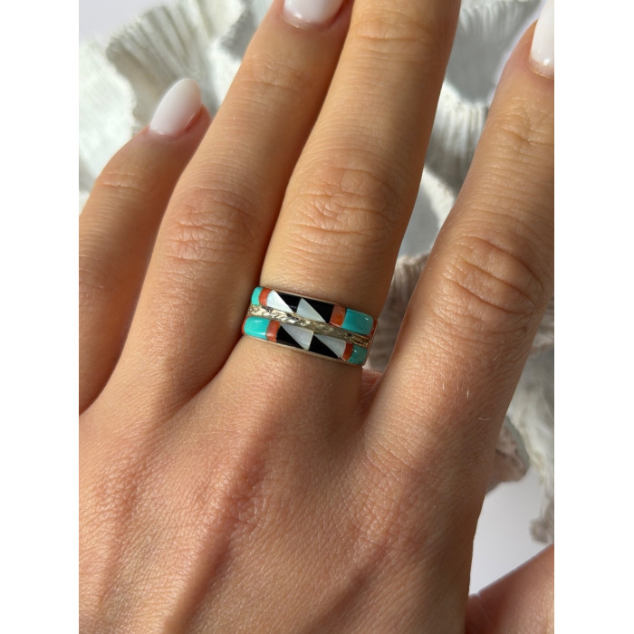 Zuni 925 Sterling Silver Multi-Stone Ring Size 8
