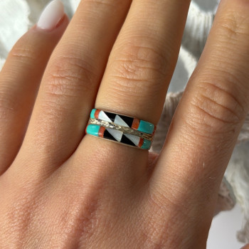 Zuni 925 Sterling Silver Multi-Stone Ring Size 8