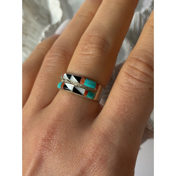 Zuni 925 Sterling Silver Multi-Stone Ring Size 8