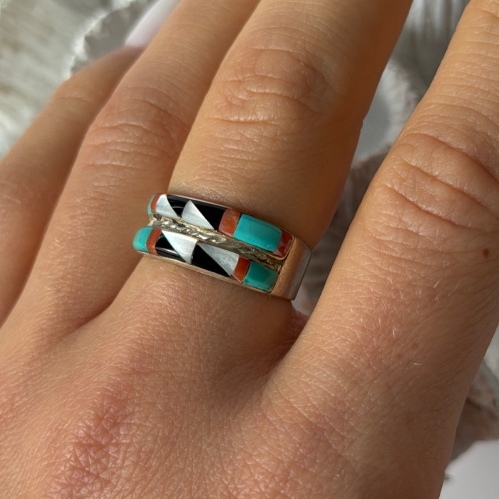 Zuni 925 Sterling Silver Multi-Stone Ring Size 8