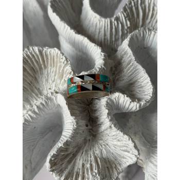 Zuni 925 Sterling Silver Multi-Stone Ring Size 8