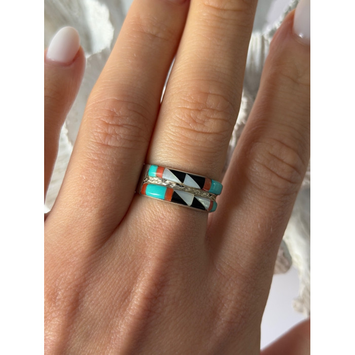 Zuni 925 Sterling Silver Multi-Stone Ring Size 8