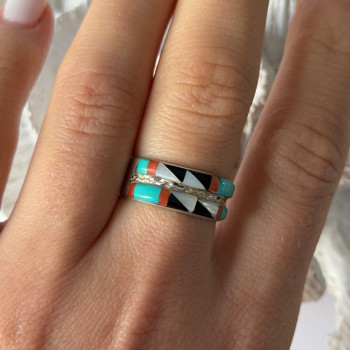 Zuni 925 Sterling Silver Multi-Stone Ring Size 8