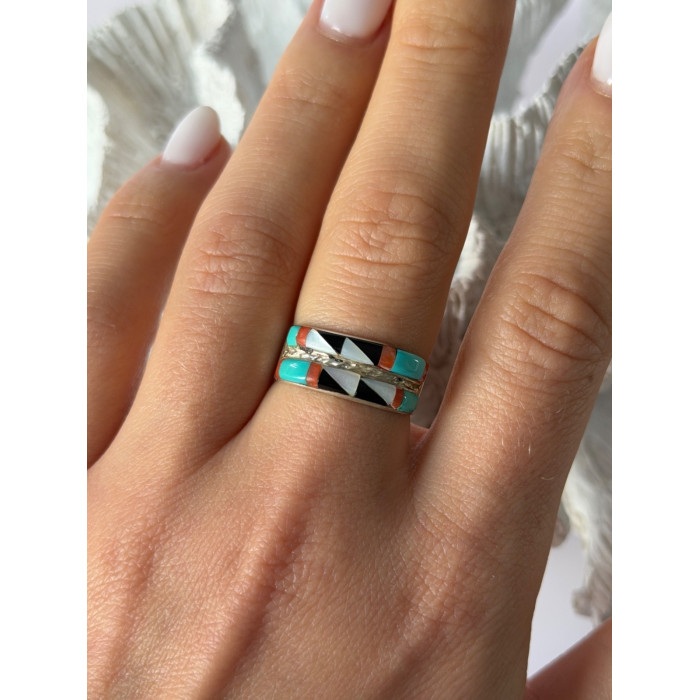 Zuni 925 Sterling Silver Multi-Stone Ring Size 8