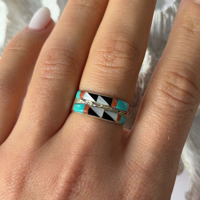 Zuni 925 Sterling Silver Multi-Stone Ring Size 8