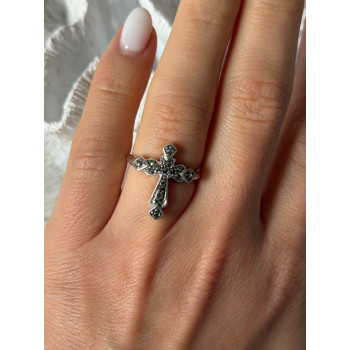 925 Sterling Silver Cross Marcasite Ring Size 7