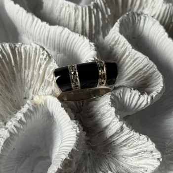 Vintage 925 Sterling Silver Onyx & Marcasite Ring Size 8.5