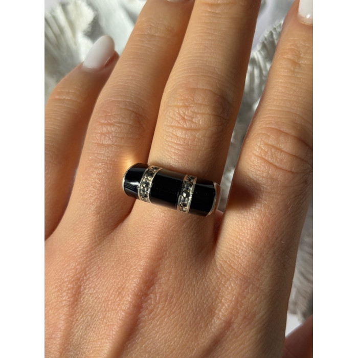 Vintage 925 Sterling Silver Onyx & Marcasite Ring Size 8.5