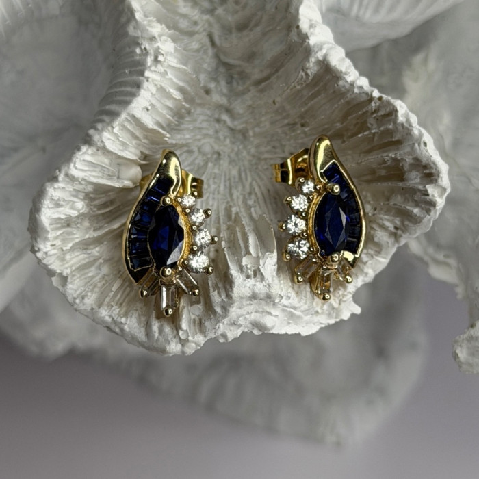 925 Sterling Silver Gold Plated Blue & White Sapphire Earrings