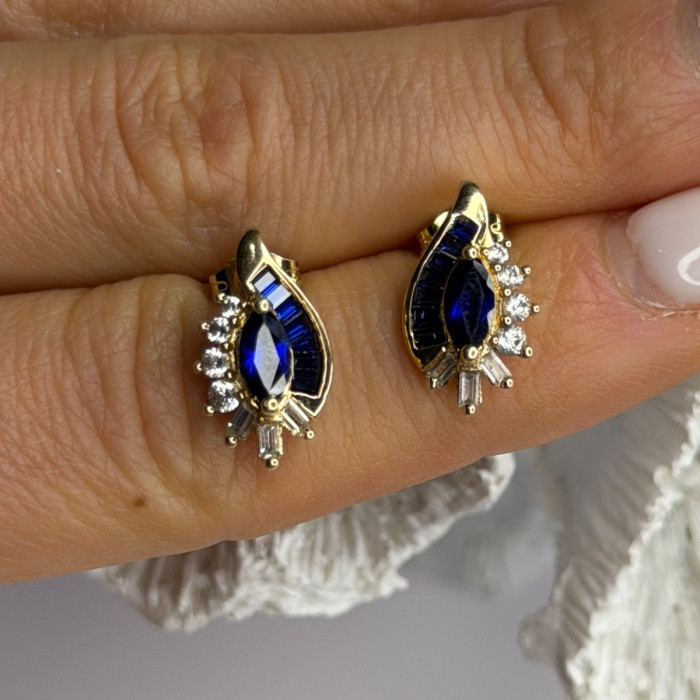 925 Sterling Silver Gold Plated Blue & White Sapphire Earrings
