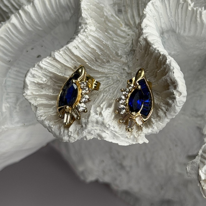 925 Sterling Silver Gold Plated Blue & White Sapphire Earrings