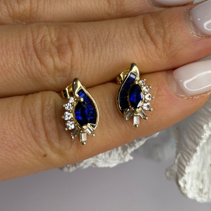 925 Sterling Silver Gold Plated Blue & White Sapphire Earrings