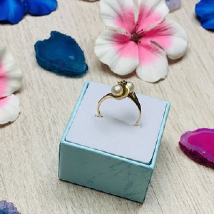 10K Yellow Gold Pearls & Diamond Ring Size 6.75