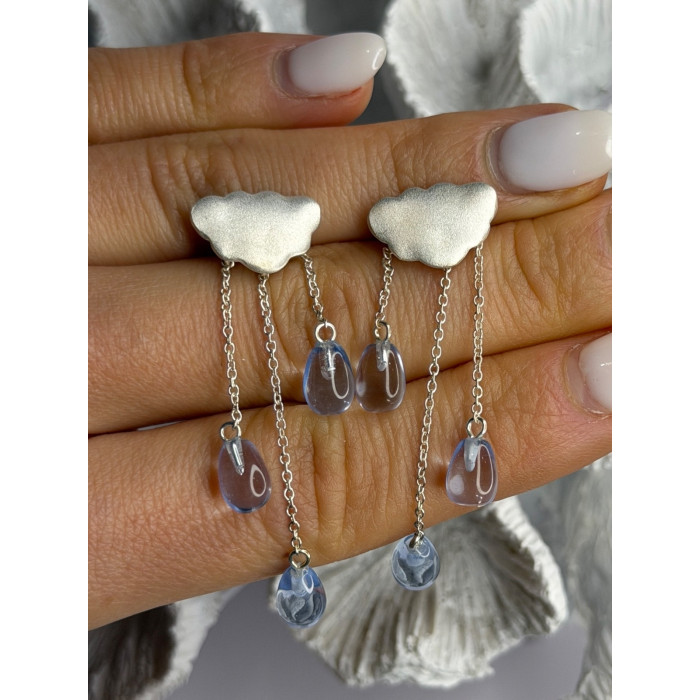 Cloud Tassel Raindrops 925 Sterling Silver Blue Crystal Earrings