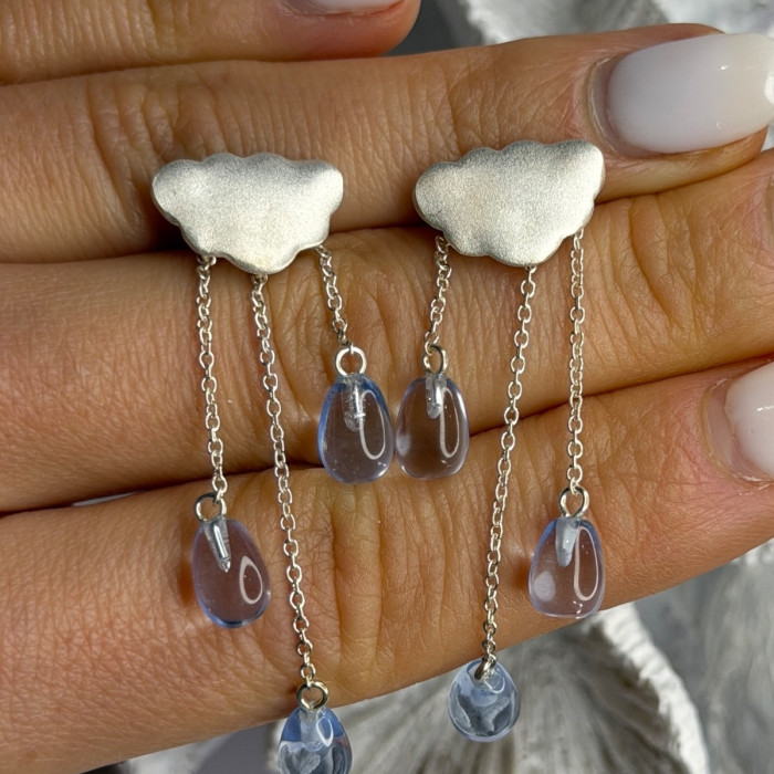 Cloud Tassel Raindrops 925 Sterling Silver Blue Crystal Earrings