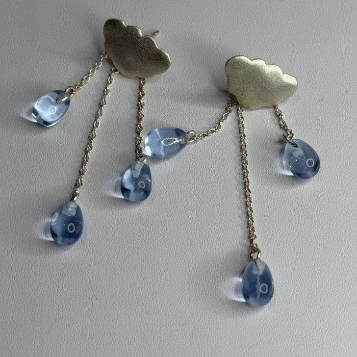 Cloud Tassel Raindrops 925 Sterling Silver Blue Crystal Earrings