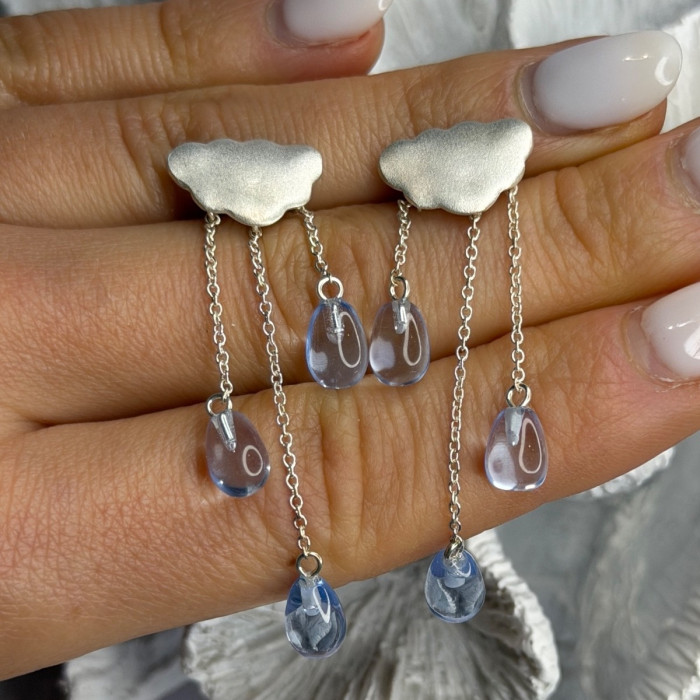 Cloud Tassel Raindrops 925 Sterling Silver Blue Crystal Earrings