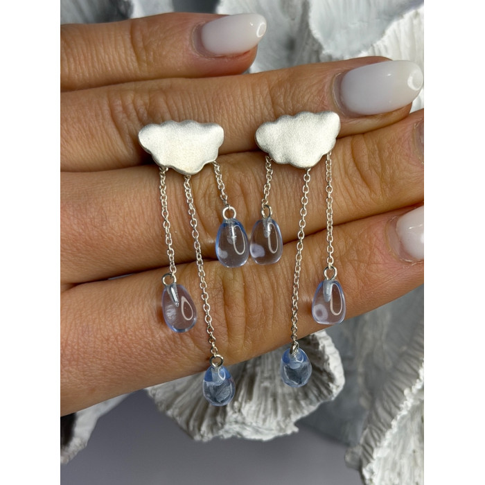 Cloud Tassel Raindrops 925 Sterling Silver Blue Crystal Earrings