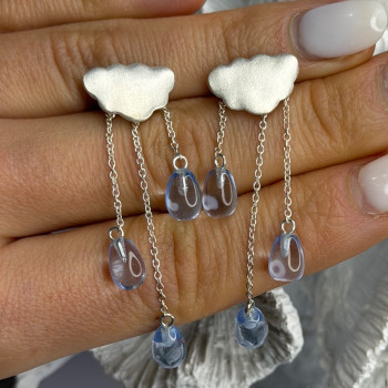 Cloud Tassel Raindrops 925 Sterling Silver Blue Crystal Earrings