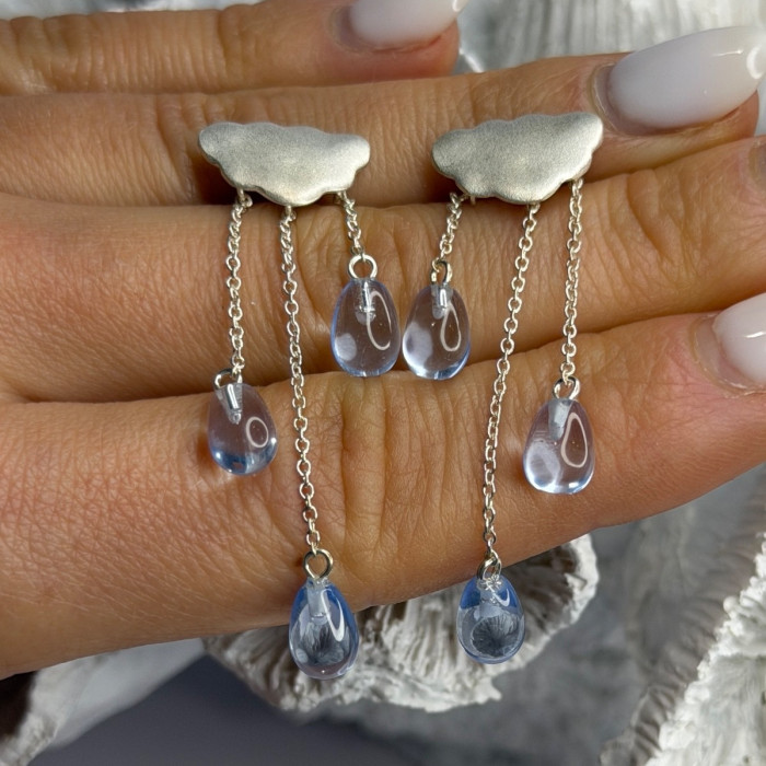 Cloud Tassel Raindrops 925 Sterling Silver Blue Crystal Earrings
