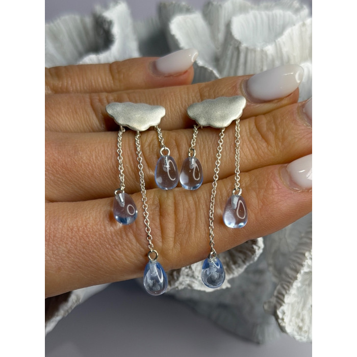 Cloud Tassel Raindrops 925 Sterling Silver Blue Crystal Earrings