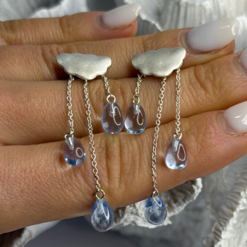 Cloud Tassel Raindrops 925 Sterling Silver Blue Crystal Earrings