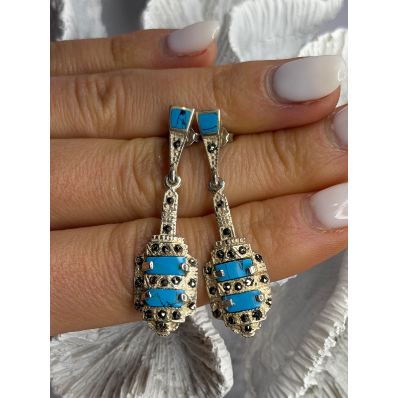 Vintage 925 Sterling Silver Turquoise & Marcasite Earrings