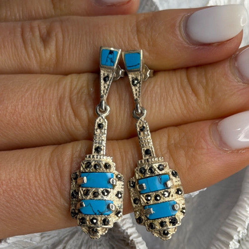 Vintage 925 Sterling Silver Turquoise & Marcasite Earrings